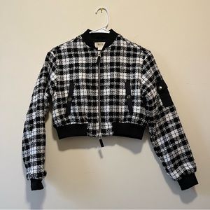 Anthropologie White Black Tweed Cropped Bomber Jacket